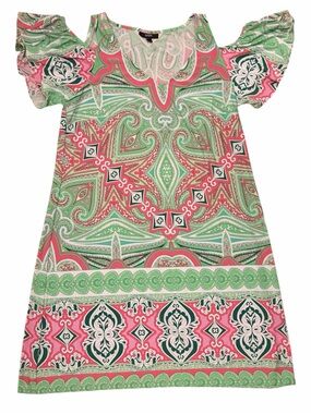 Pink & Green Paisley Cold Shoulder Dress Pink Green Summer Resort Dress